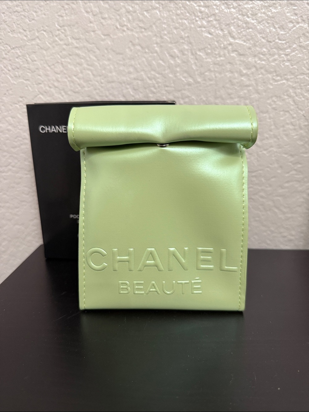 CHANEL Light Sage Green Embossed Beauté Makeup Pouch